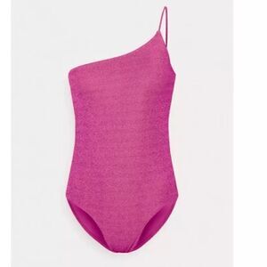 NWT Good American 90s One Shoulder Hawaiian Pink Sparkle One Piece Bathing Suit